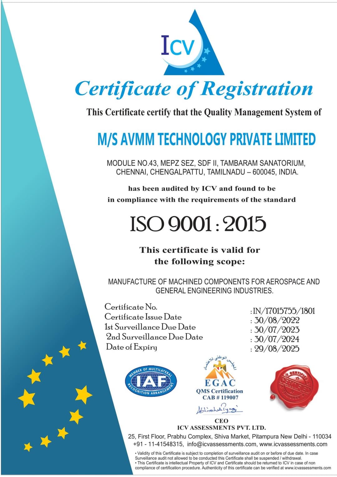 AVMM Technology ISO 9001:2015 Certificate